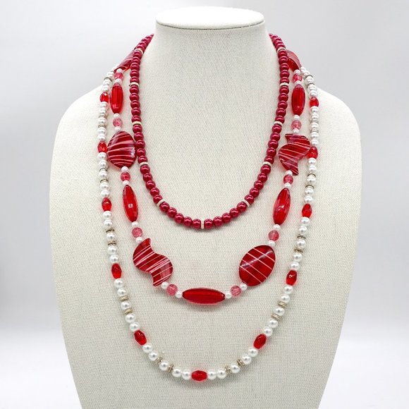 Three strand red and white necklace. - Picture 1 of 3
